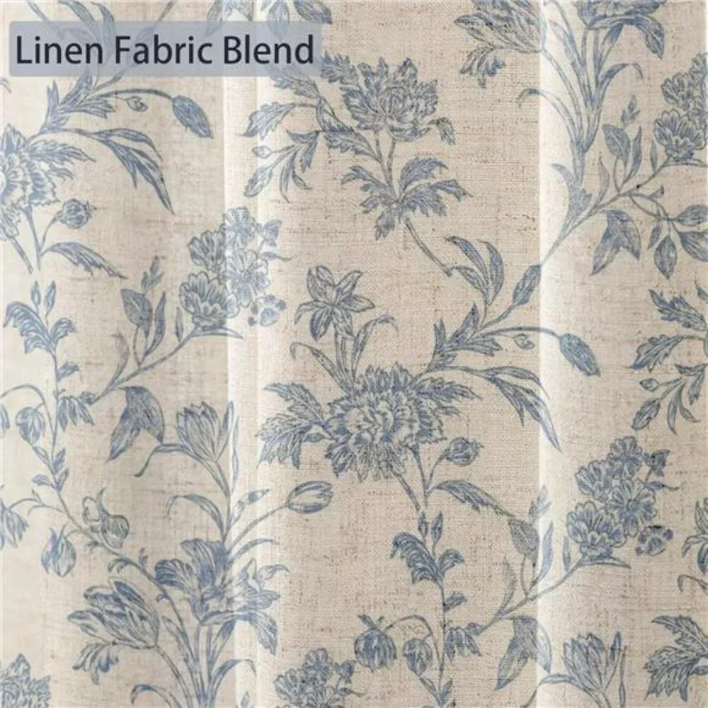 Blue Shower Curtain Floral Cotton Linen Cottagecore Shower Curtain for Bathroom